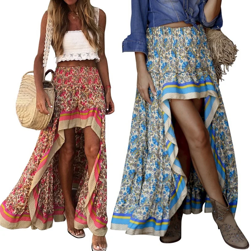 

Hot kf-2 Pcs Boho Print Long Skirts Women Bottoms Elastic Waist Gypsy Ethnic Ladies Skirt M Size, Red & Blue