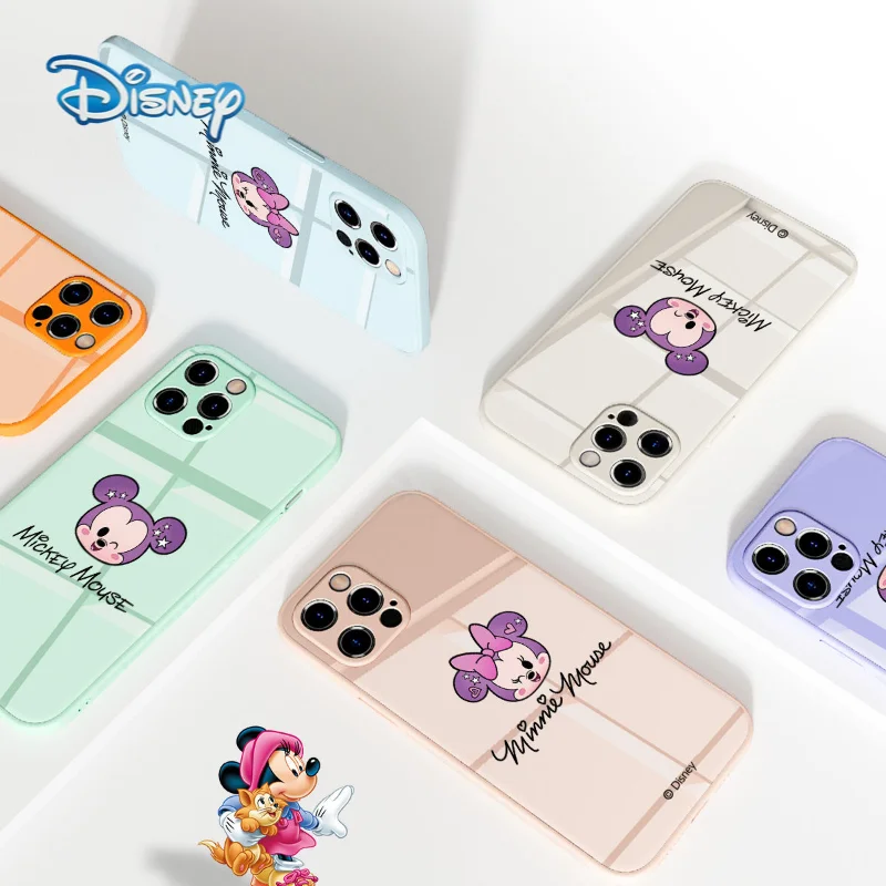 

Disney Mickey Cartoon Glass Mobile Phone Case for iPhone 13 12 11 Pro Max Mini XR XS Plus Couples Cute Cellphone Back Covers