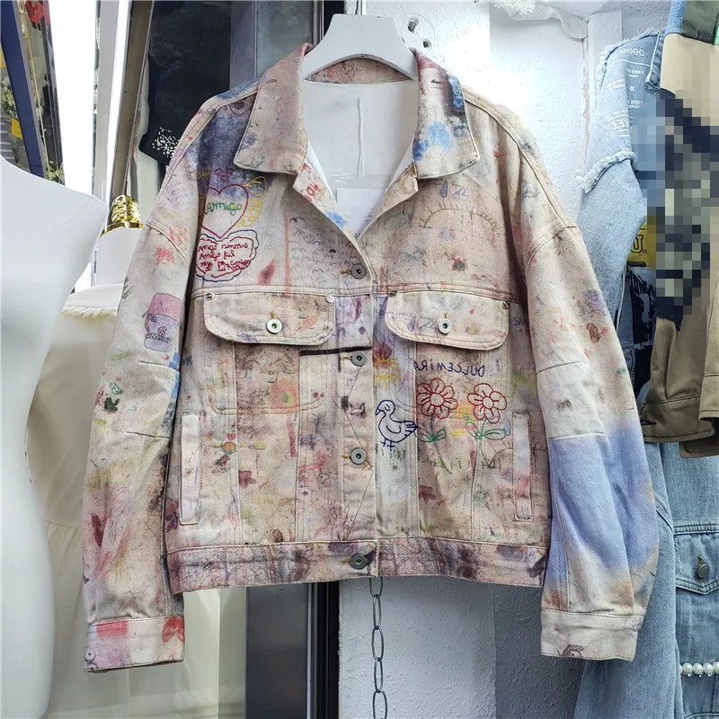 

Куртка женская джинсовая с вышивкой, модная свободная короткая верхняя одежда с большими карманами и длинными рукавами, уличная одежда
