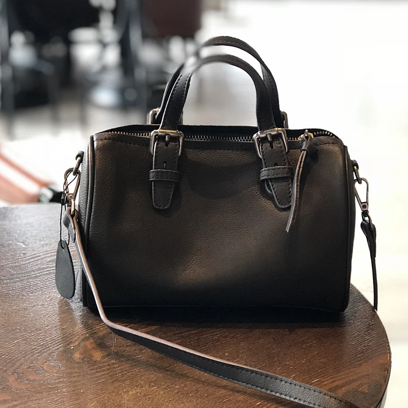 

2020 Vintage Literary Handmade Women Bag Cowhide Crossbody Boston Bag Ladies Portable Messenger Bag Genuine Leather Shoulder Bag