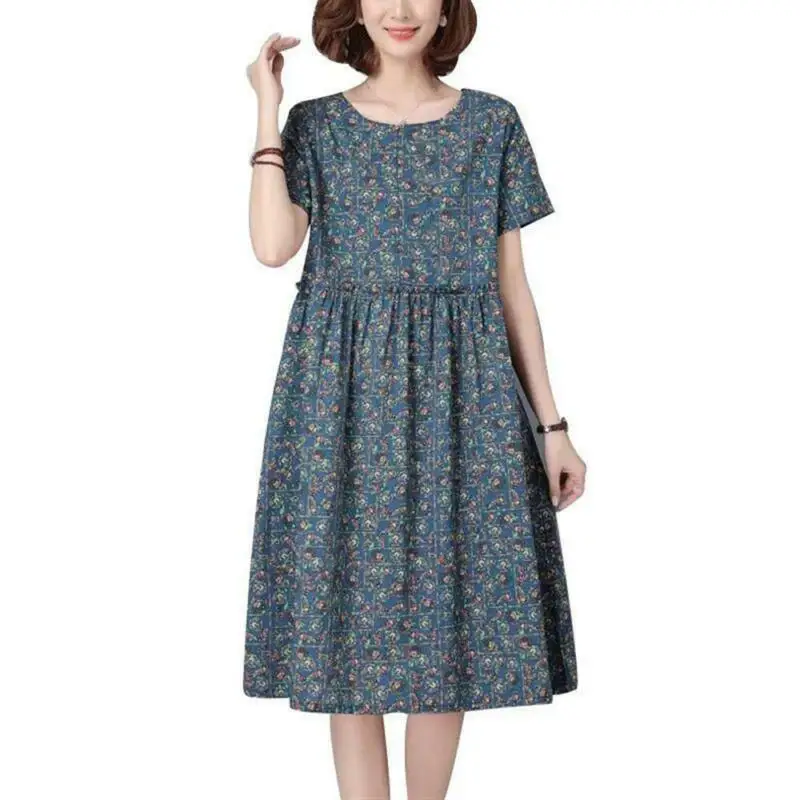 

Print Dress Women Summer Short Sleeve Floral Print Ladies Casual Midi Dress Beach Holiday Women's Fashion Knee-Length Dress