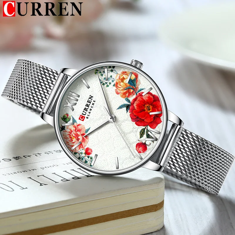 Женские наручные часы CURREN серебристые водонепроницаемые с сетчатым браслетом из