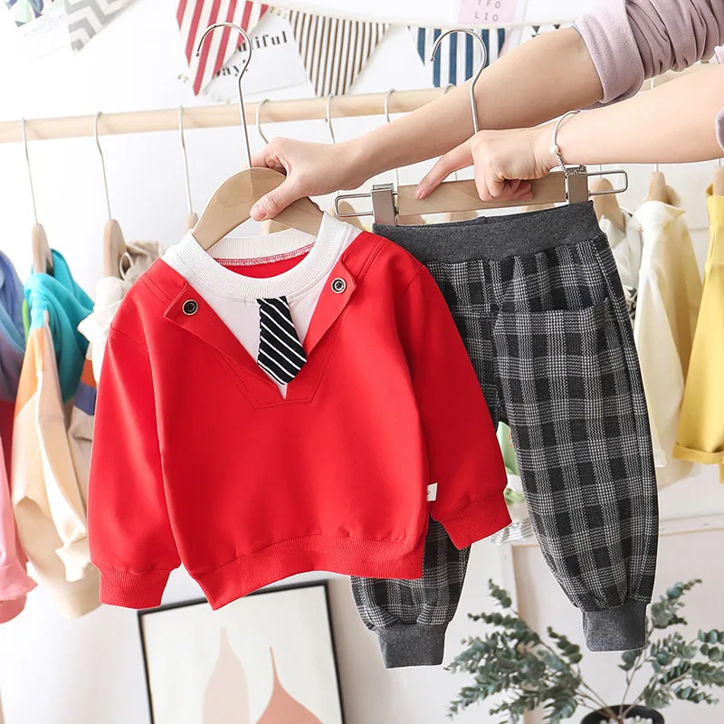 

Весенний костюм для мальчиков, новинка 2020 года, одежда для маленьких мальчиков, консервативный пуловер толстовка с длинными рукавами + клет...