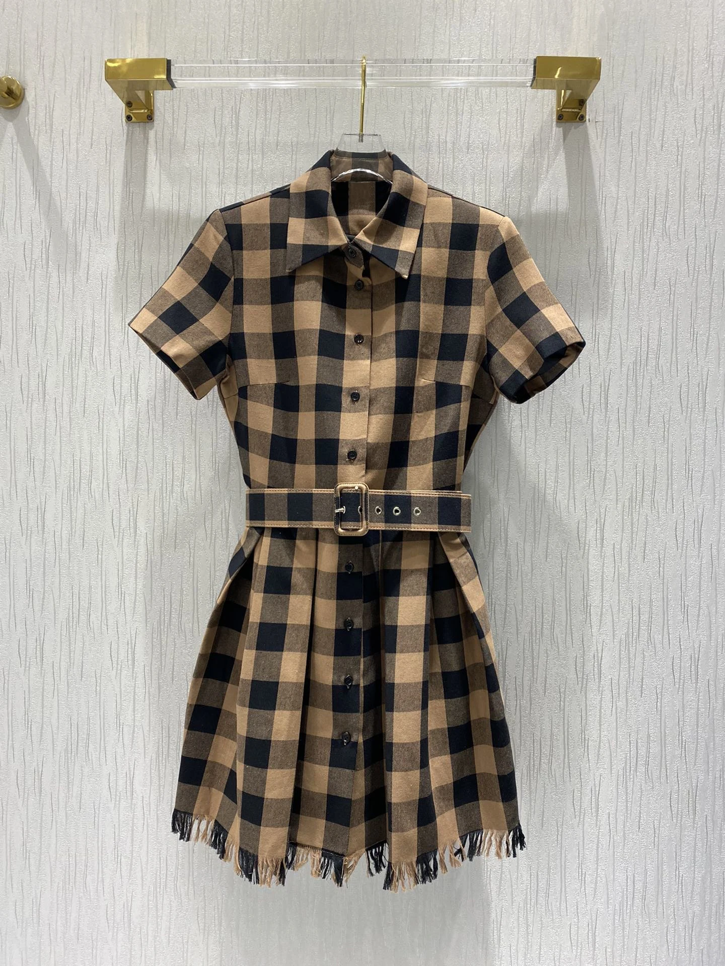 

2020 New Ladies Fashion Short Sleeve Lapel Lace-up Check Waist Fringe Dress
