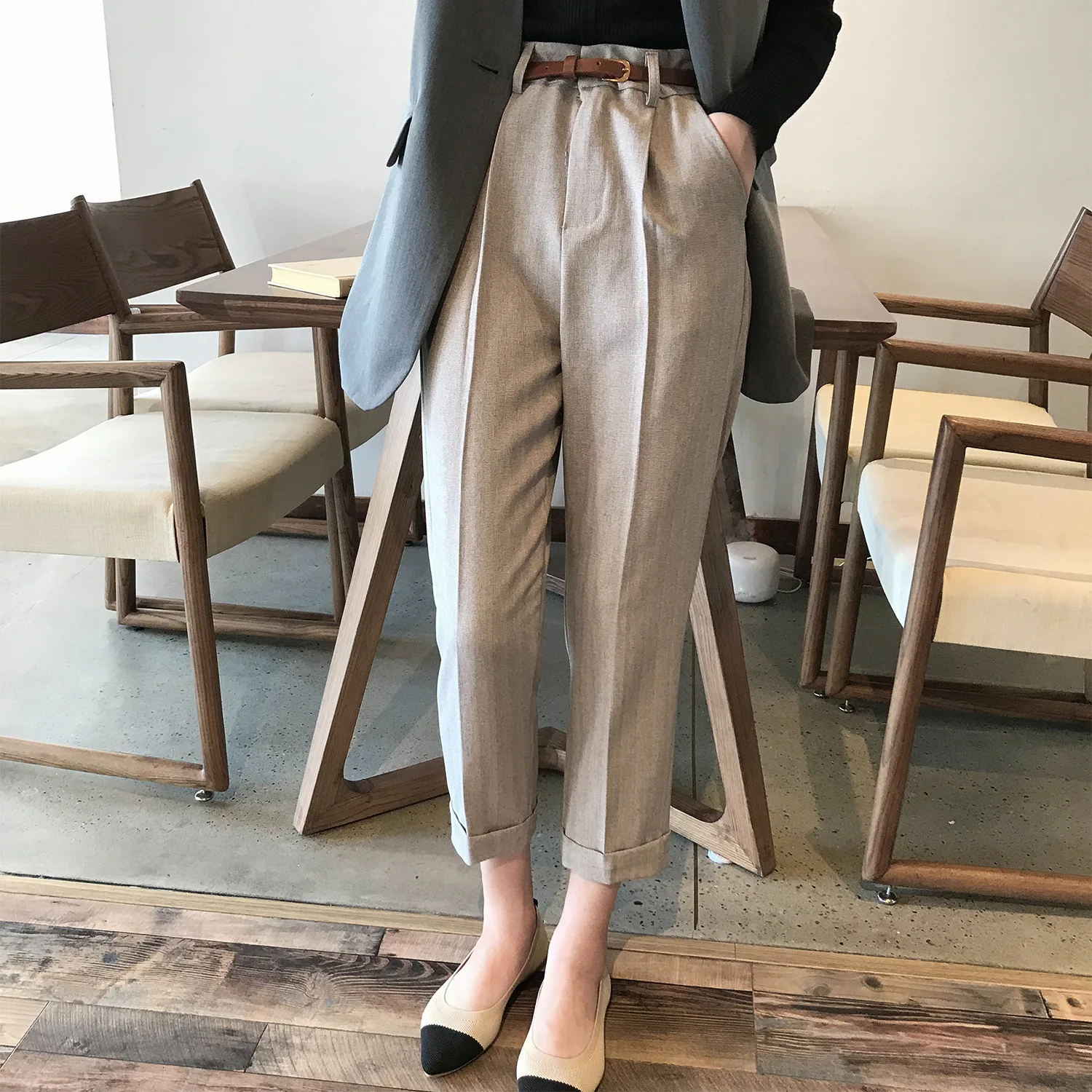 

Elegant Work Wear Office Ladies Harem Pants Women Autumn Loose Suit Trousers Pocket Streetwear High Waist Fashion Gray Pants