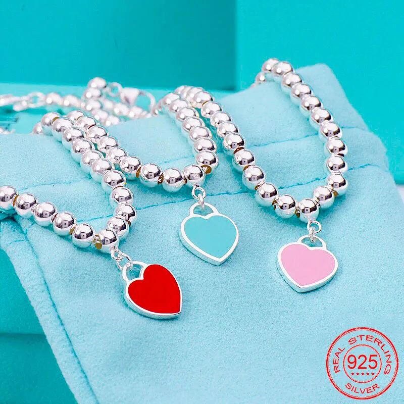 

Ou Ai 925 silver 1:1 original classic enamel bracelet. Popular jewelry in Japan and Korea. Blue/red/pink heart. 4mm beads