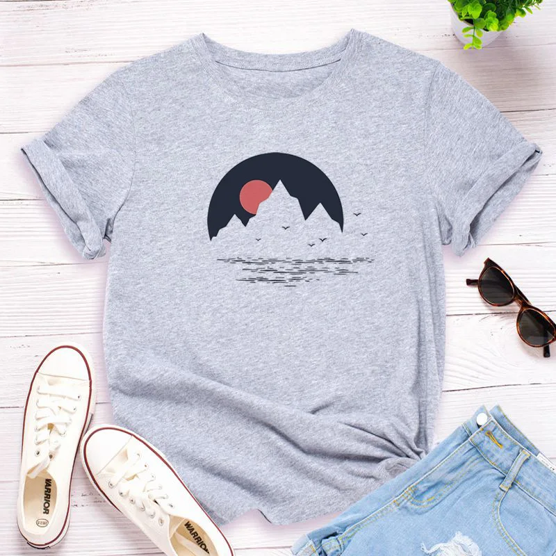 

2021 Summer Plus Size S-5XL Sun Print Shirt Women's Cotton T-shirt Casual White Top O-neck Short-Sleeved T-shirt
