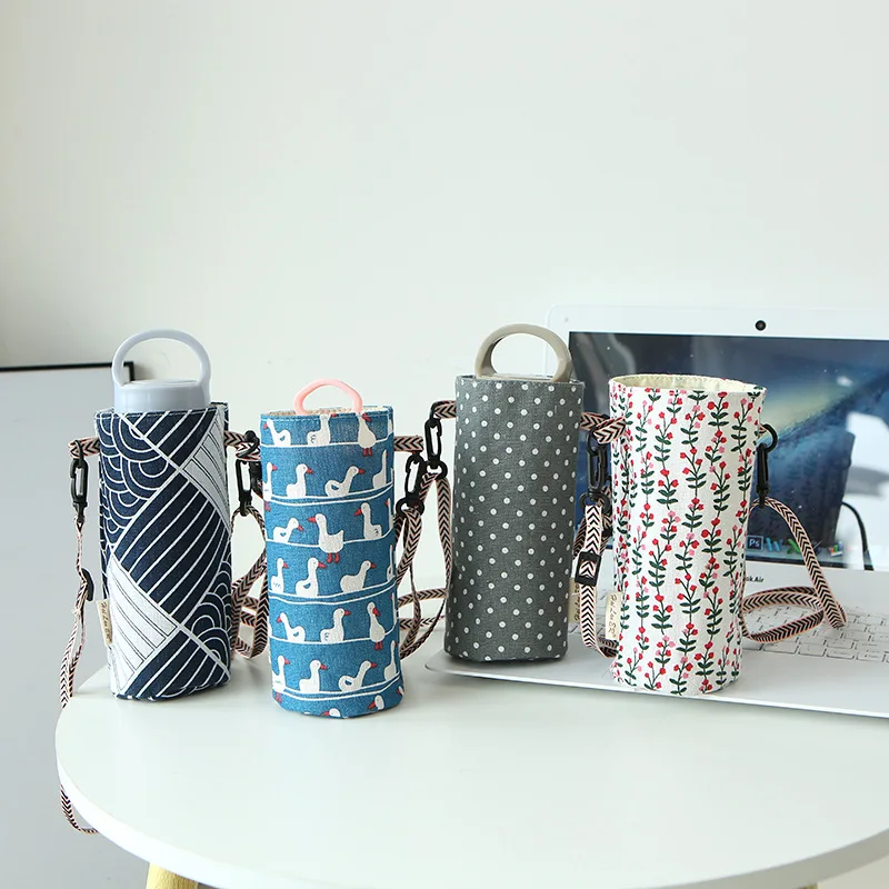 

Cup set Storage Bag Cotton And Linen Canvas Water Cup Bag Simple Portable Lanyard Diagonal Cup Holder Milk Tea Cup Holder
