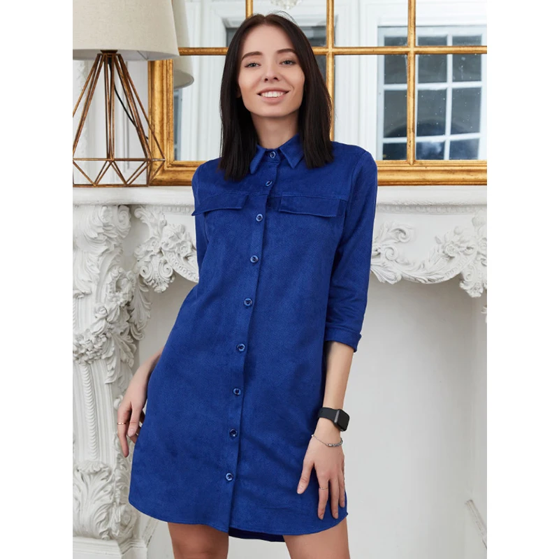 blue Women Autumn Winter Sexy Short Shirt Dress Lady Button Turn-Down Collar Casual Solid Dress Vintage Elegant Women Mini Dress - Цвет: blue
