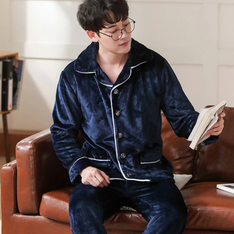Теплая Пижама Мужская Фланелевая зимняя плотная Толстая пижама с длинным