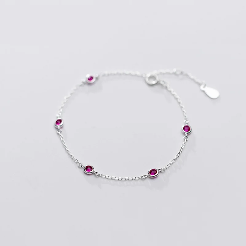

A00900 Minimalist Round Red Zircon Chain Charm Bracelet for Women Genuine 925 Sterling Silver Korean Teen Jewelry