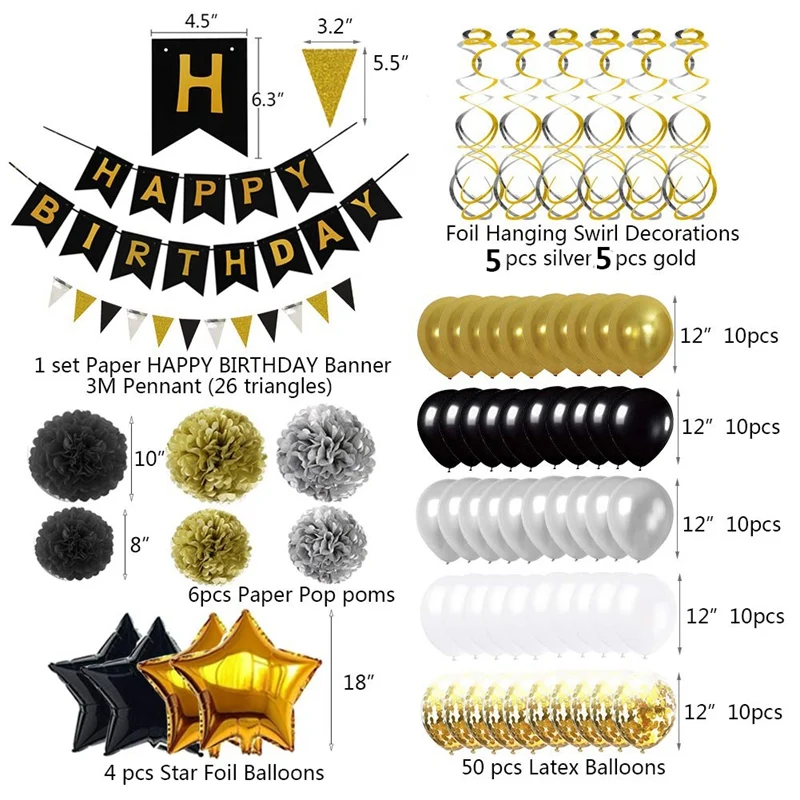 

Birthday Decorations Balloons Gold and Black Happy Birthday Banner Hanging Swirls Party Decor