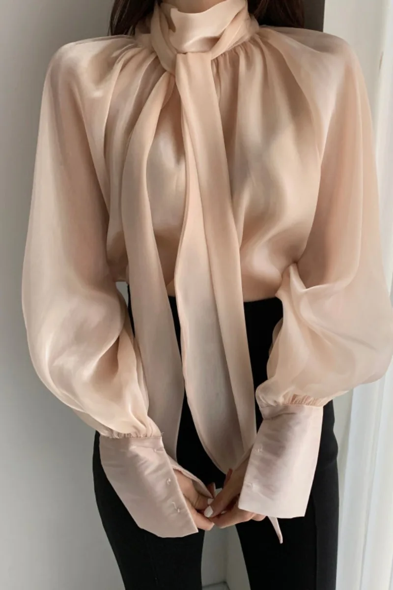 

2021 spring and summer new Korean ins western style sweet bow tie tulle long-sleeved chiffon shirt women