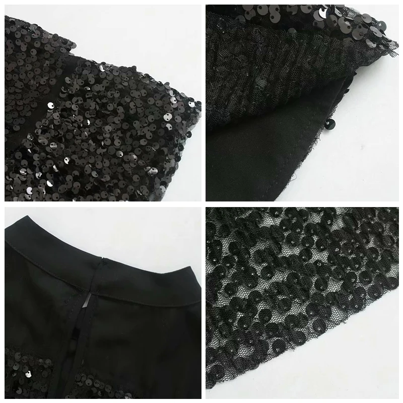 ROHOPO Short Sleeve Black Sequined Mini Dress Cascading Ruffles Splice Mesh Ladies Shiny Party Vestido #9442 | Женская одежда