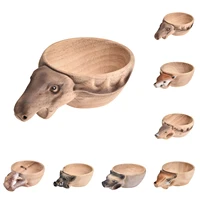 unique portable kuksa rubber wooden water cup hand carved animal head juice milk tea coffee drinking cup with handle