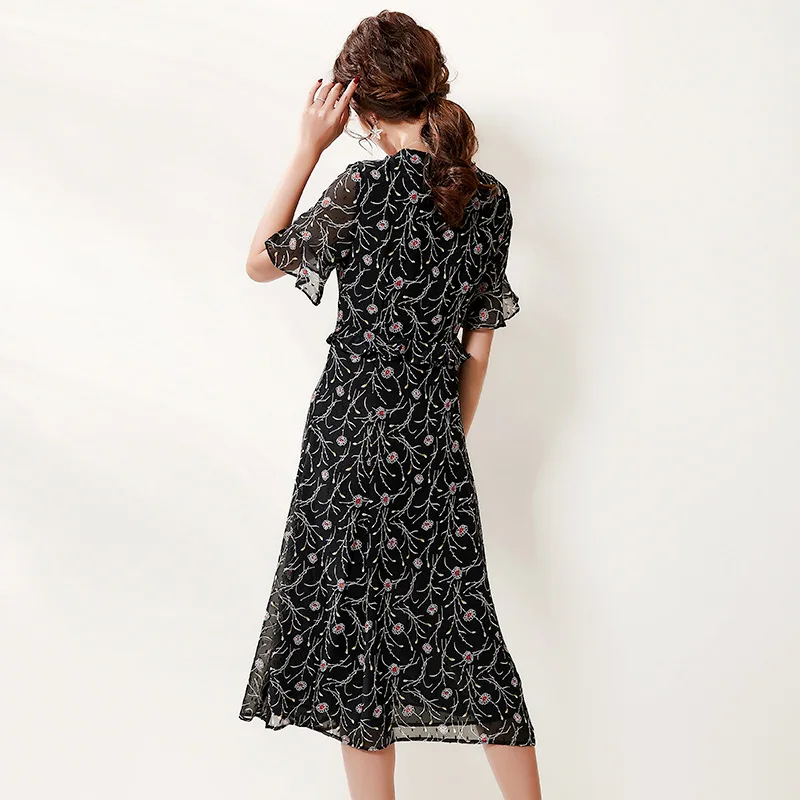 

Fannic 2021 Summer Women's Floral Ruffle Short Sleeve Dress Vestidos Fit and Flare Slim Mid Length V-neck Femme Robe Dresses