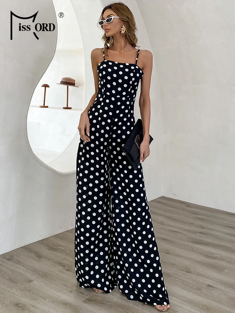 

Missord 2021Summer Sexy Women Elegant Rompers sleeveless straps Off Shoulder Dot ckless tie Jumpsuit Beach Sundress FT8833