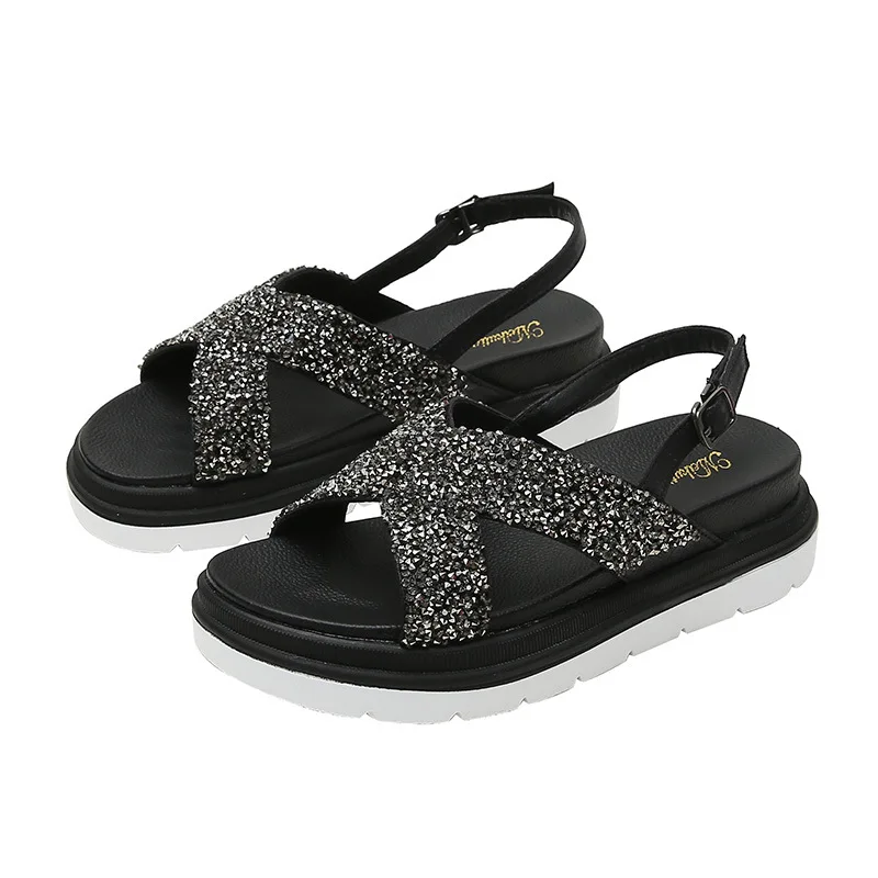 

Zapatos De Mujer Woman Sandals Elastic Ladies Shoes Platform Flat band Flock Roman Sandal Solid Summer sandals Women