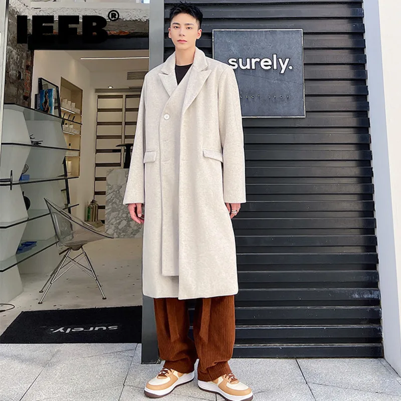 

IEFB осенне-зимнее корейское модное шикарное шерстяное пальто с двойной планкой средней и длинной длины Новое свободное однобортное пальто с...