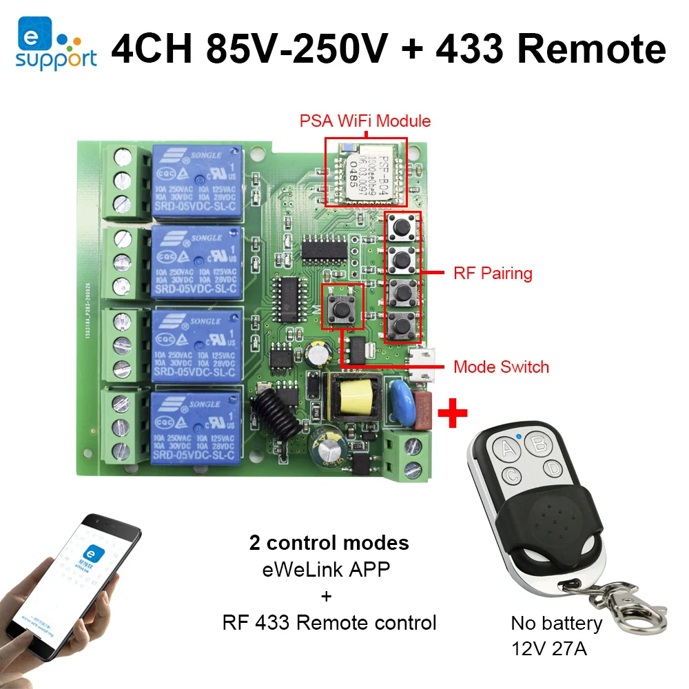 

4ch Ewelink WiFi Smart Home Switch Module Timer 7V-32V 85V-250V 10A Relay inching self-locking Interlock For Alexa Google Home