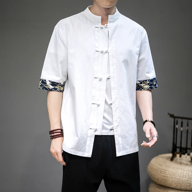 2023 New Men's Summer Half Sleeve Shirt Cotton Linen Casual Breathable Shirts Traditional Chinese Style Solid Male Shirts 5XL