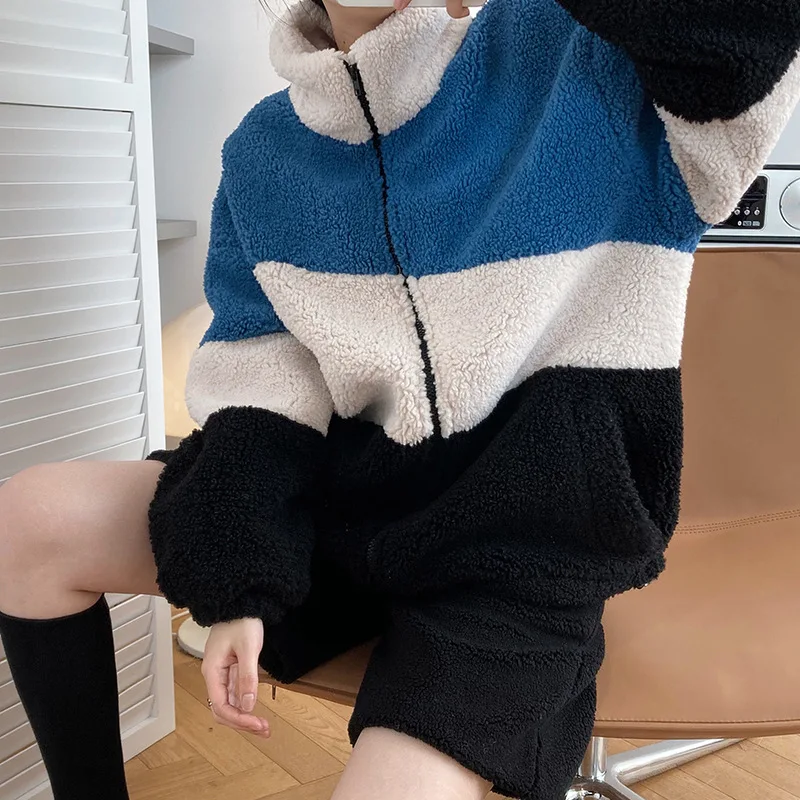 

Hong Kong Retro Thickened Contrast Lamb Hair Pullover Sweater Female Autumn and Winter Korean Lazy Warm Jacket 9837
