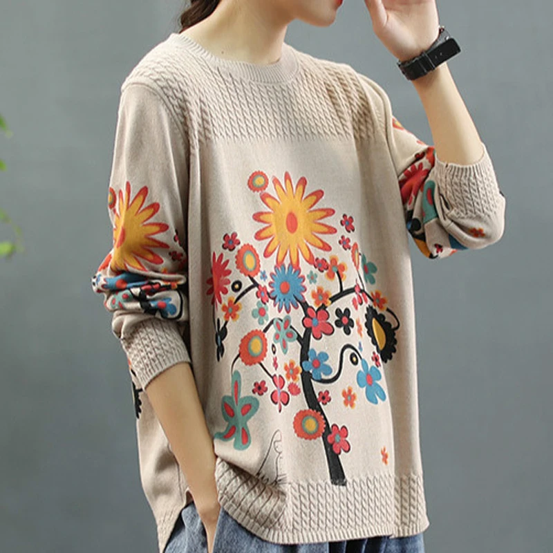 

SOUL OF TIGER Winter Chinese Designer Women Floral Printed Clothes Ladies Loose Knitted Warm Sweaters Casual Oversized Pullovers