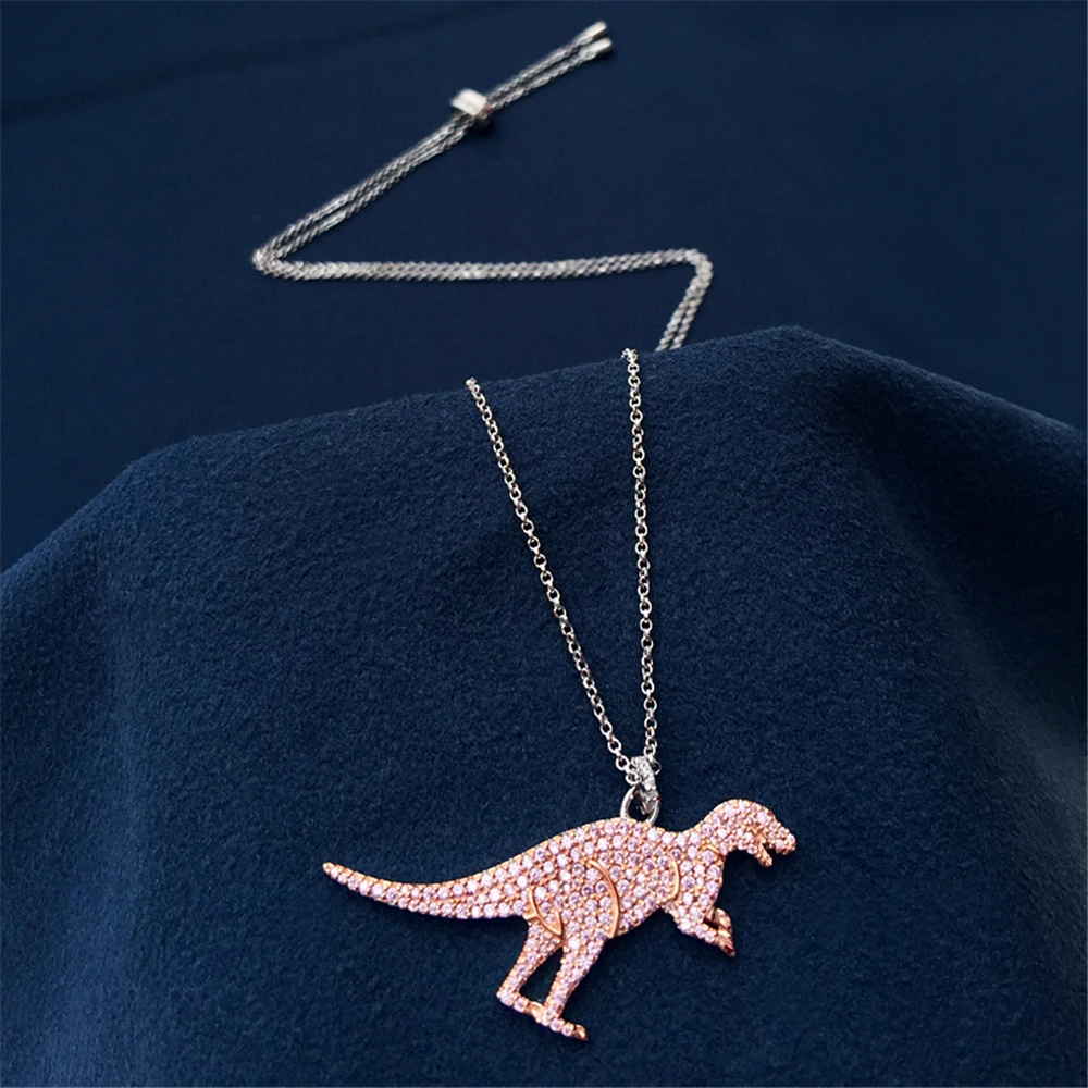 

popzone s925 sterling silver dinosaur necklace female French light luxury pink diamond dinosaur medium and long clavicle chain