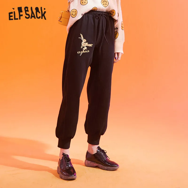 ELFSACK черные однотонные повседневные женские штаны шаровары с вышивкой и