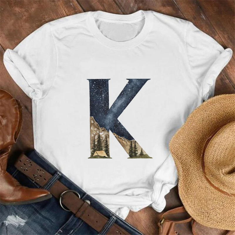 

Vogue 26 alphabet letter women T-shirt Girl A To Z Alphabet combination flowers Short Sleeve casual Korean Style Tops,Drop Ship