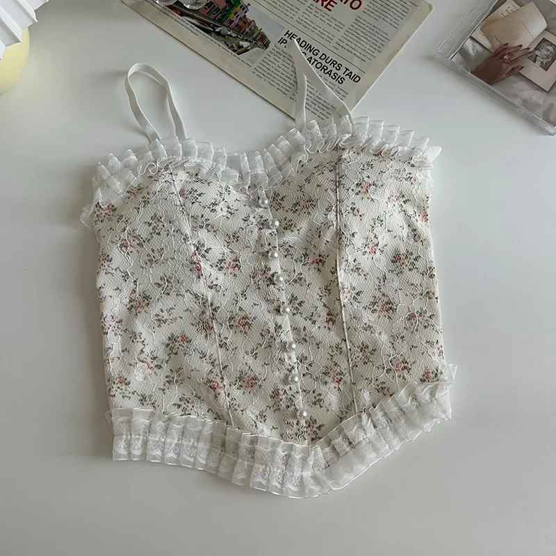 

2022 Summer New Fashion Women Tank Top Sleeveless Patchwork Lace Casual Sexy Camisole Female Print Floral Short Cropped Feminino