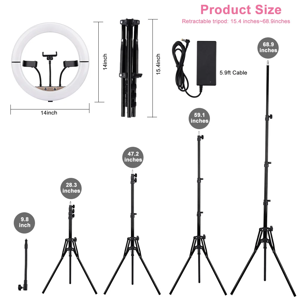 

Кольцевой светодиодный светильник с регулируемой яркостью для селфи, с 3 держателями для телефона, штатив 1,75 м, подставка для макияжа, свети...