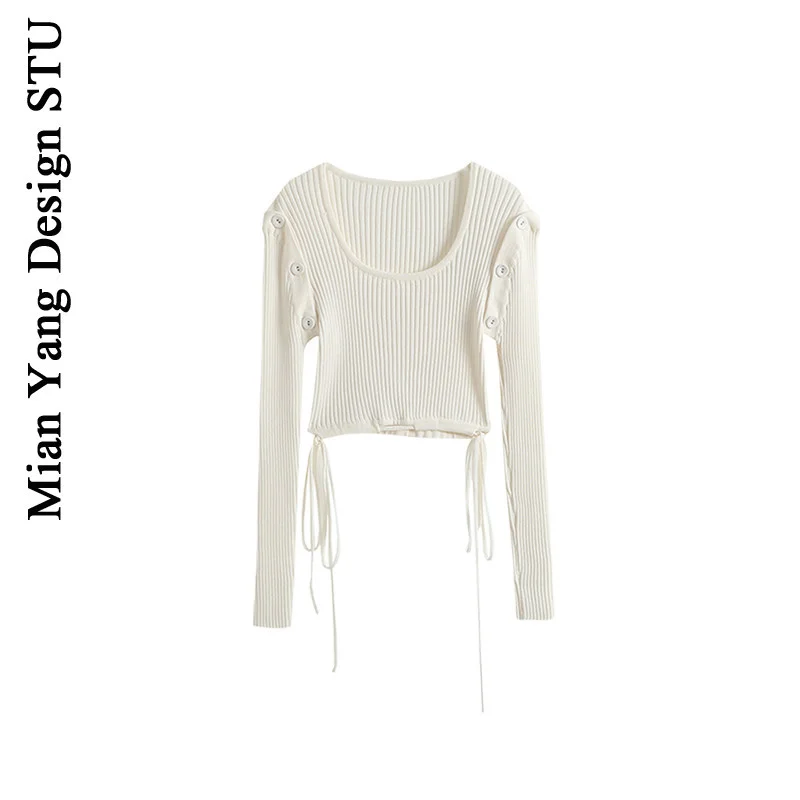 

2021 год, съемные Прошитые рукава, облегающий трикотажный маленький топ с открытым животом, Женская чистая одежда на кулиске