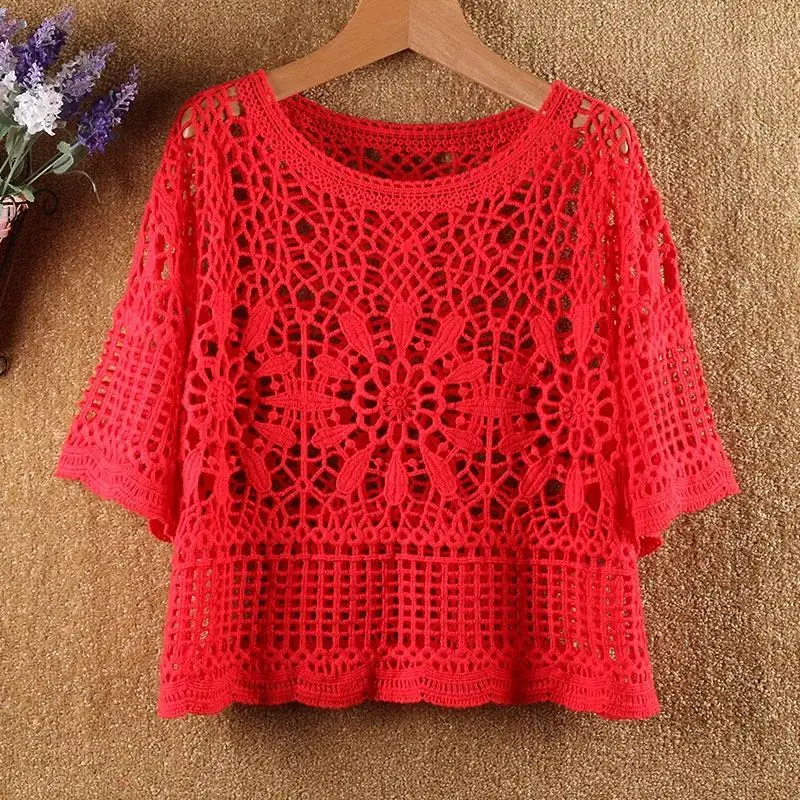 

Summer Clothing 2020 Latest Women's round Neck Crocheted Cutout Blouse Short Large Size Lace Half Sleeve Loose Top for Women
