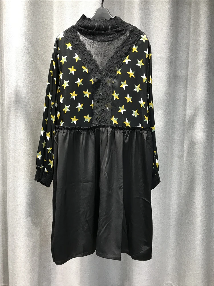 

Women Dress New Summer Products Fashion Half High Neck Long Sleeve Medium Length Splicing Pullover Skirt Translucent Neckline
