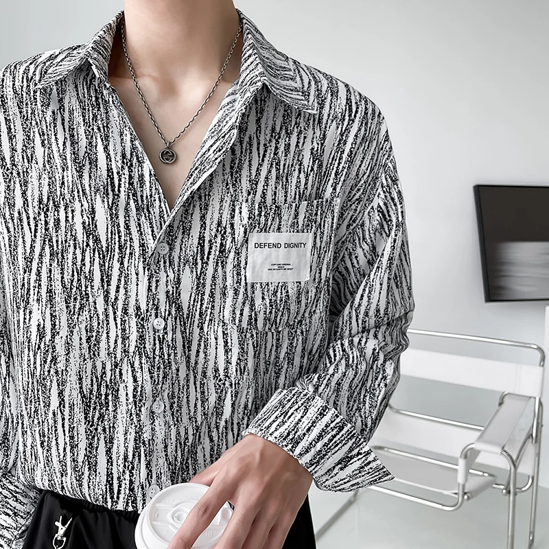 Fashion Striped Shirt for Men Loose Lonng Sleeve Casual Shirts Streetwear Hip Hop Oversize Social Party Nightclub Male Clothing