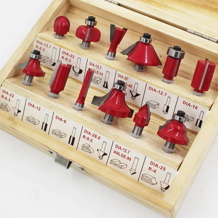 

Woodworking milling cutter set 12PC/15PC Electric wood carving trimming machine cutting head handle dia:1/4 6.35mm NO. C1720