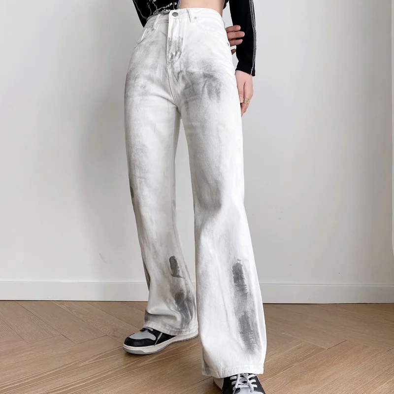 

Women's Wide-leg Pants Tie-dye High-waist Buttons Slim-fit Jeans Casual Denim Loose Autumn and Winter Pants Trousers 2021 New