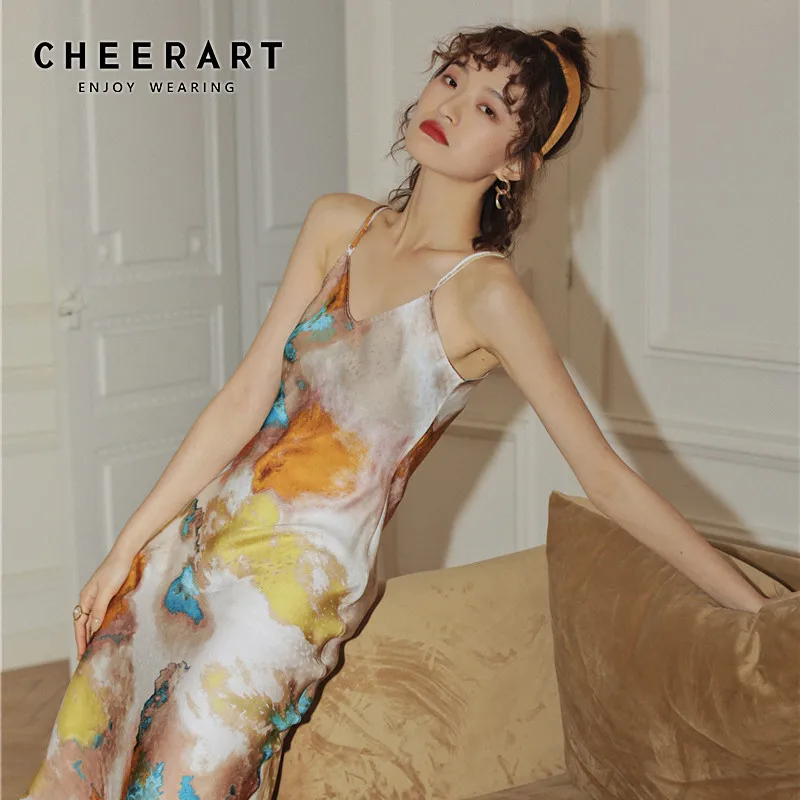 CHEERART Oil Painting Spaghetti Strap Bodycon Dress Women V Neck Backless Aesthetic Frill Dress 2020 Summer Fashion