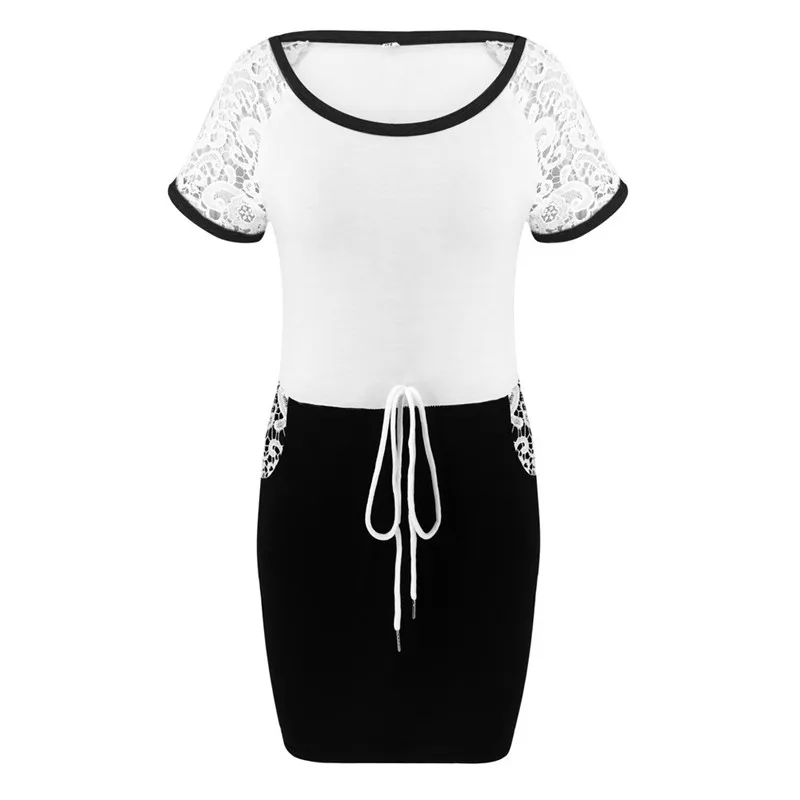 

Sexy Summer Women Mini Dress Color Matching Design Pockets Decor O-neck Short Sleeve Pencil Dresses Elegant Slim Bandage Dress