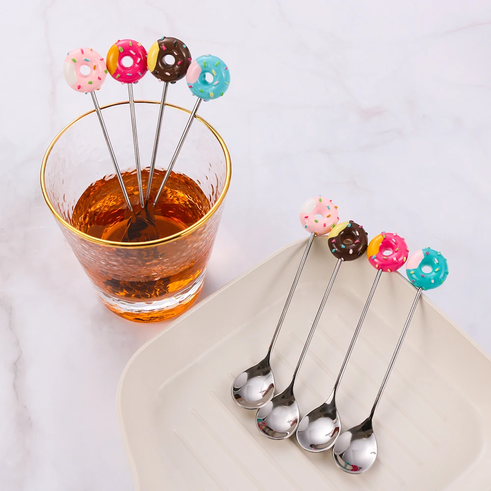 

Mini Donut Cute Stainless Steel Doughnut Dessert Spoon Fork Coffee Ice Cream Candy Kitchen Flatware Baby Kids Dinnerware Tablewa