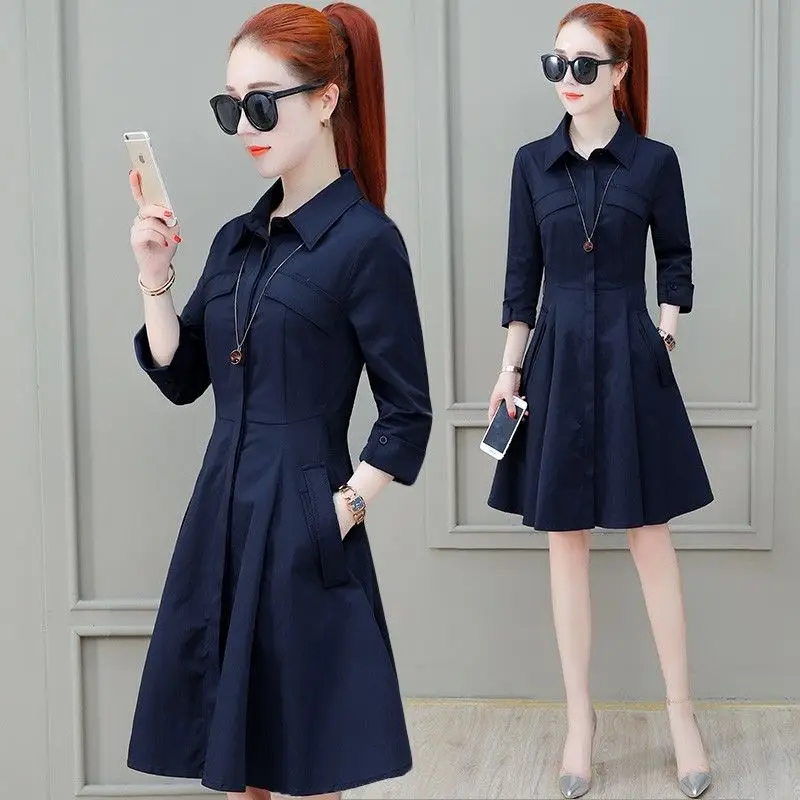 

Women's Spring Autumn Style Dress Women's Elegant Solid Color Button Turn-down Collar Casual A-Line Dress SS1254