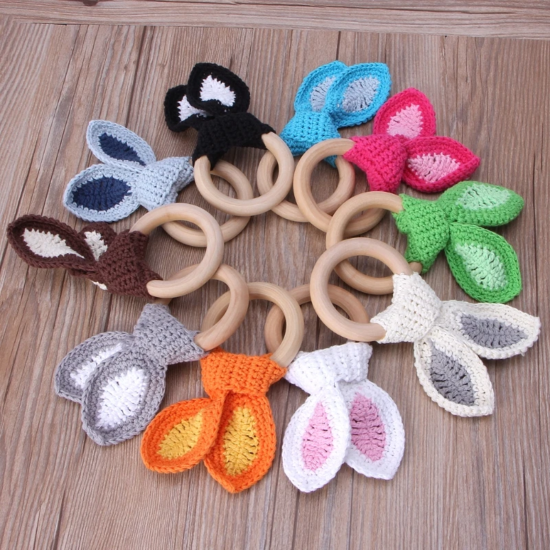 

Baby Girl Boy Teething Ring Chewable Teether Wooden Natural Bunny Rattle Toy
