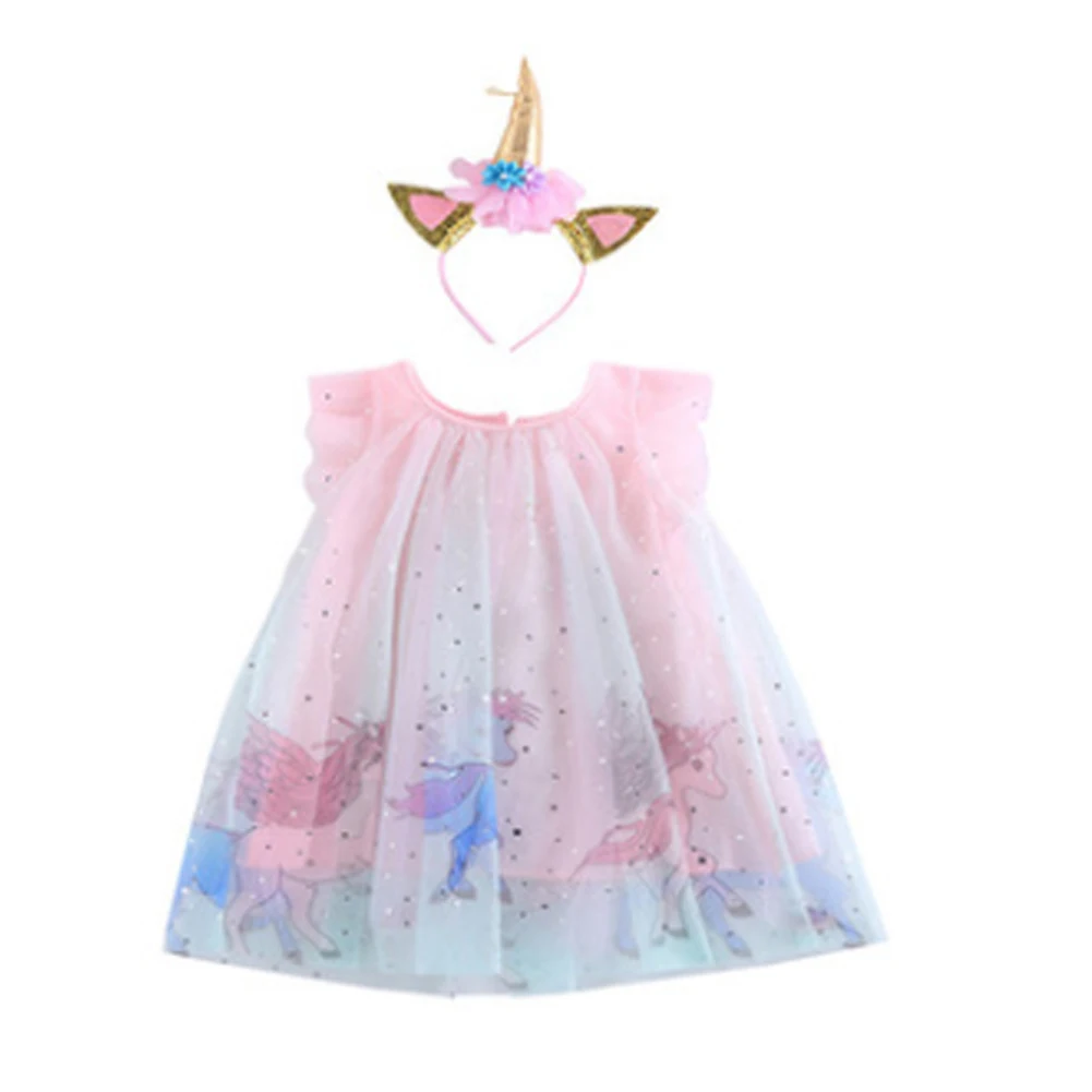 Infant Kids Girls Summer Dress Lace Mesh Ruffle Unicorn Sleeveless Multi-Layer Cute Sweet Princess with Hair Band | Детская одежда и