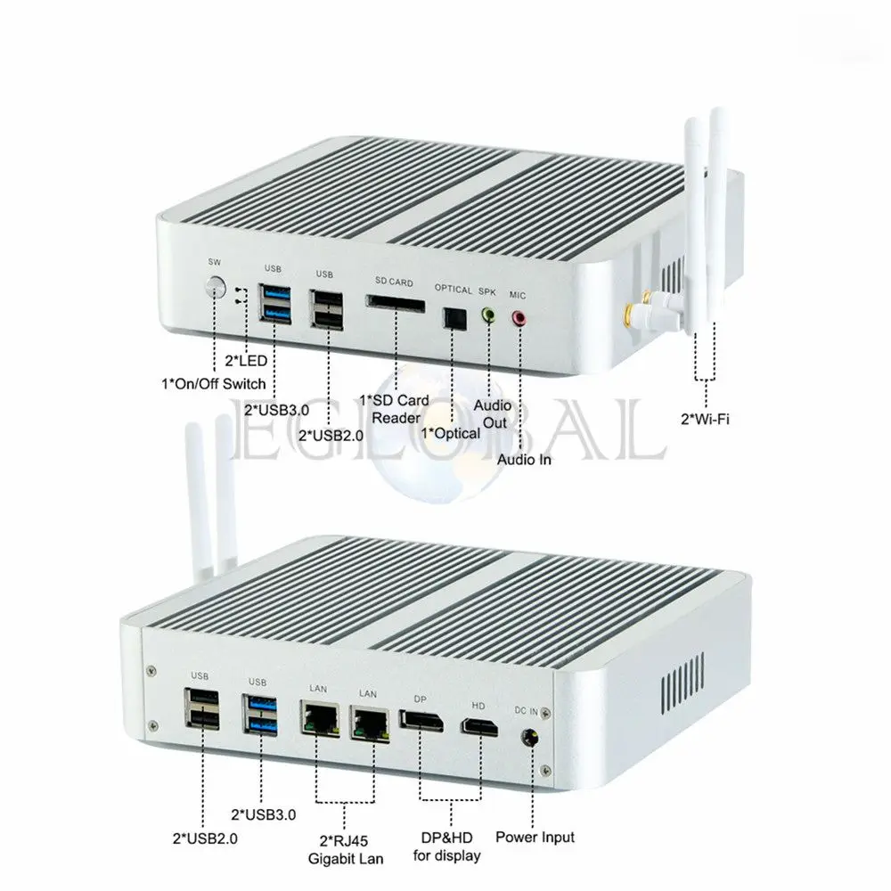 Процессор EGlobal fanless Мини ПК компьютер i5-7260U 8 ГБ+ 128 ГБ/256 ГБ Win10 двухъядерный процессор, 2* DDR4 Msata+ M.2 SSD+ 2," 4 K плеер HDMI DP VGA