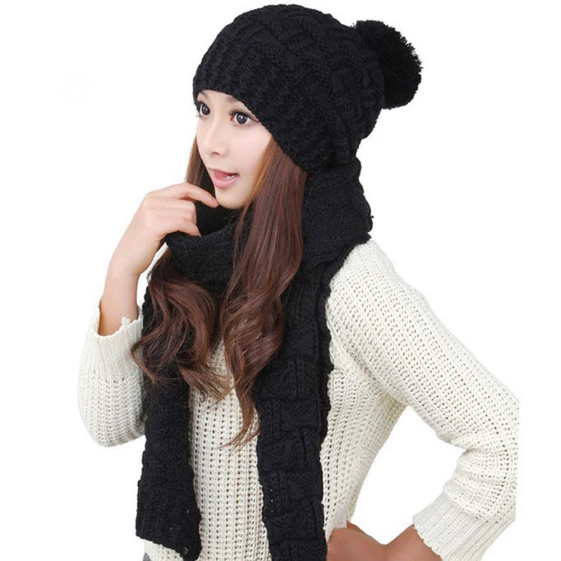

Winter Warm Hat Scarf for Women Two Piece Set Fashion Knit Crochet Beanies Cap Female Warm Solid Color Twist Knitted Hat Beanies