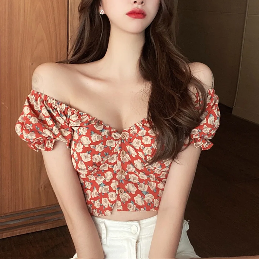 Женский винтажный топ с коротким рукавом и открытым пупком пикантный цветочным