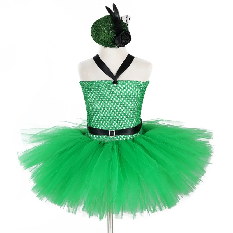 

Irish Saint Patricks Day Costume Set Green Tutu Dress with Rose Feather Mini Top Hat Hair Clip Fancy Dress Up Festival Party Sup