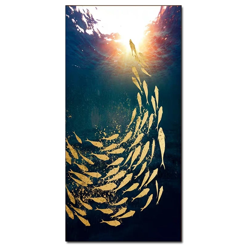 

New Arrival Abstract Gold Fish Paintings Art Handmade Gold Foil Wall Decoration Oil Painting Large Size Home Wall Decor Art