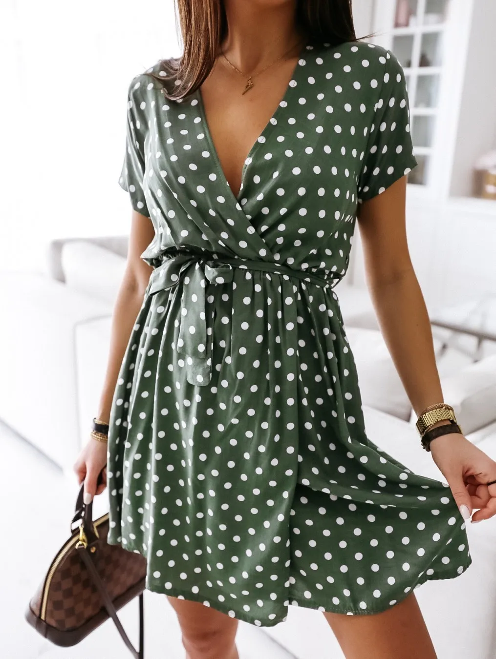 Femela Boho Beach Holiday Dress Womens Summer Fashion Mini Dress Short Sleeve V-Neck Ladies Polka Dot Dreeses Split Vestidos